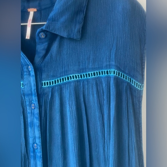 free people pretty cozy maxi button through collared button down teal blue - Picture 3 of 13